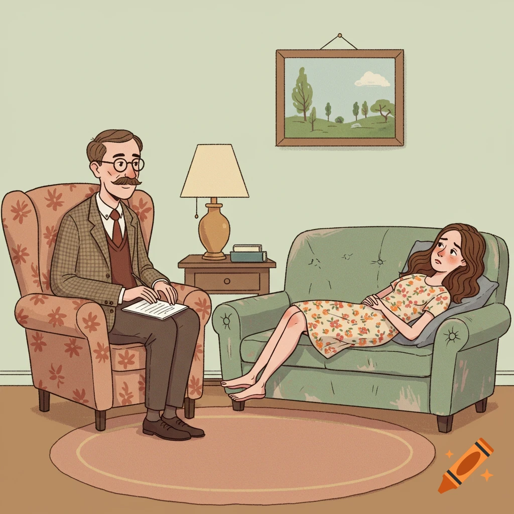 Cartoon illustration of a psychologist sitting in a chair next to a patient lying on a couch in a room.