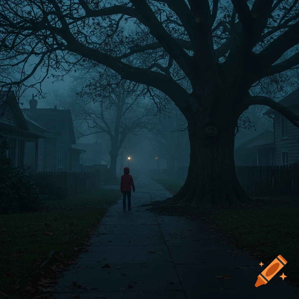 A child in a red coat walks down a foggy suburban street next to a large, eerie tree.