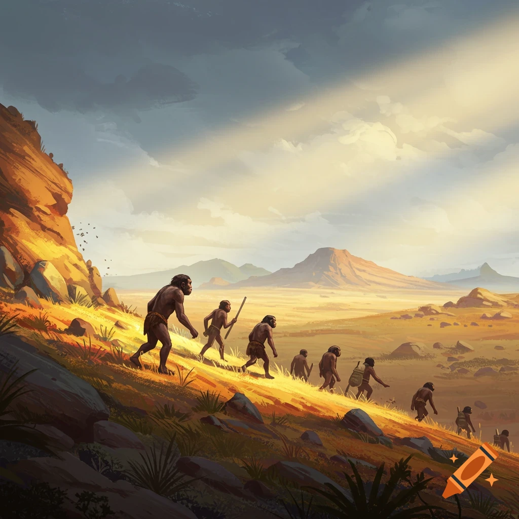 A group of early humans walk up a grassy hill in a prehistoric landscape.