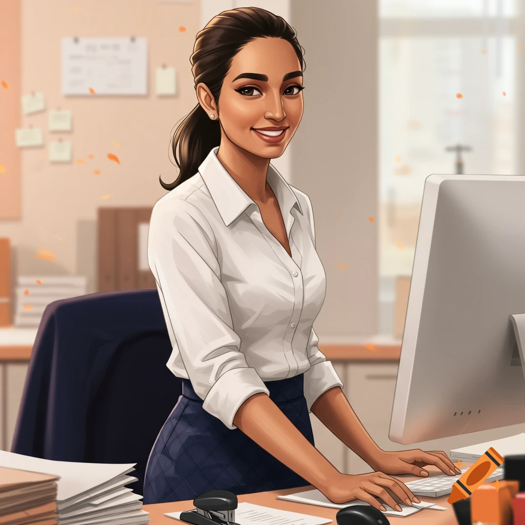 A smiling woman working at a computer in an office.