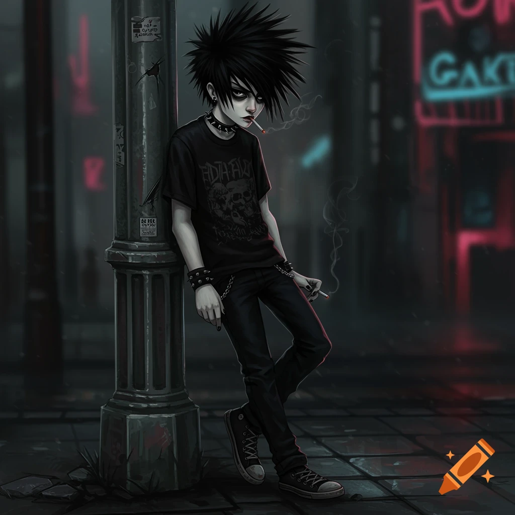 An emo boy leans against a lamppost on a dark urban street, smoking a cigarette.