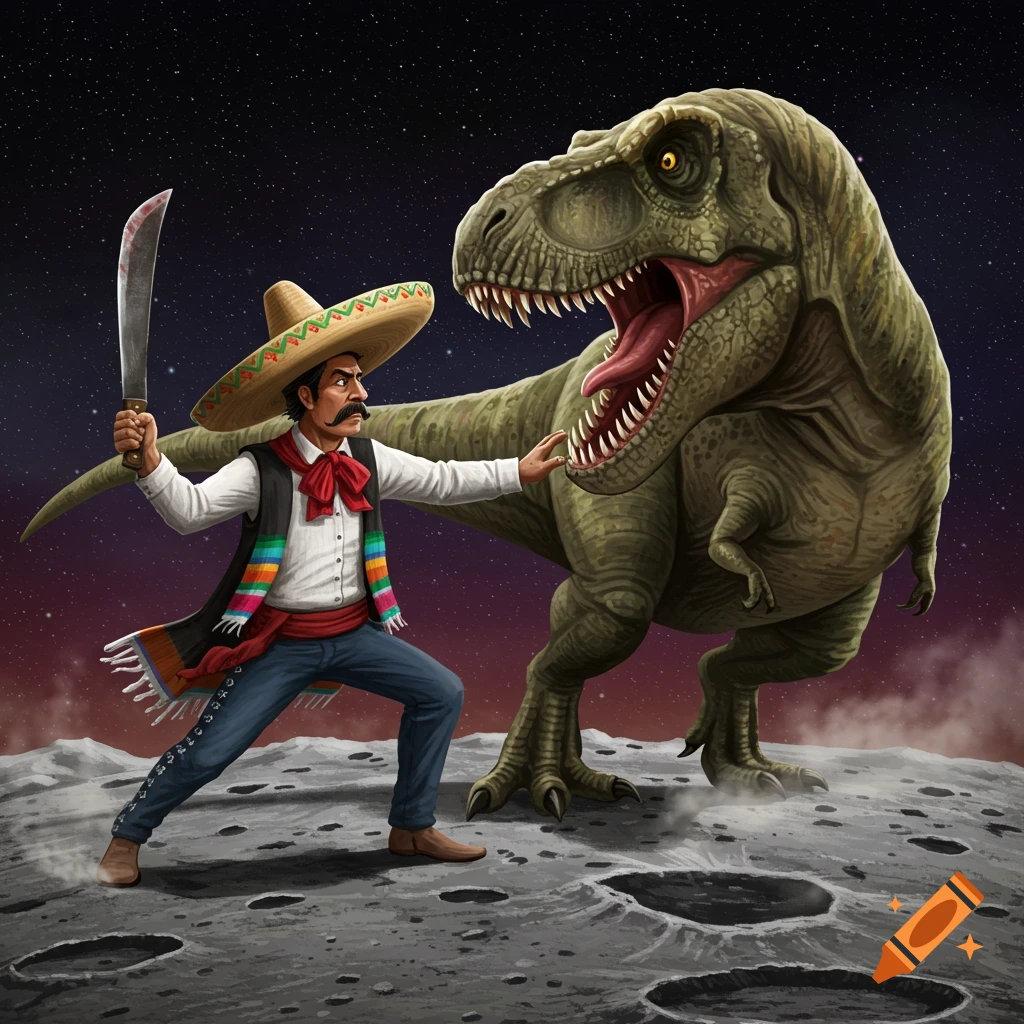 A Mexican man in a sombrero fighting a T-Rex with a machete on the moon.