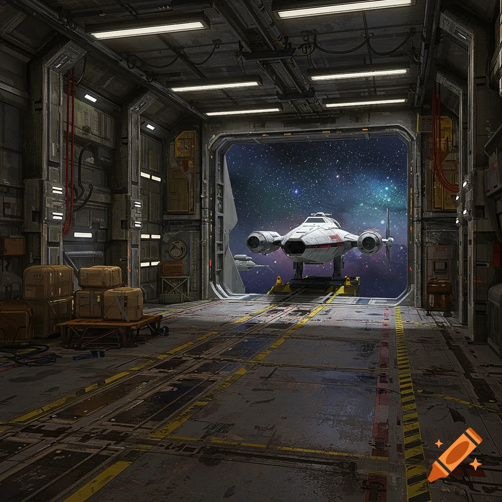A white spaceship in a gritty hangar opening to space.