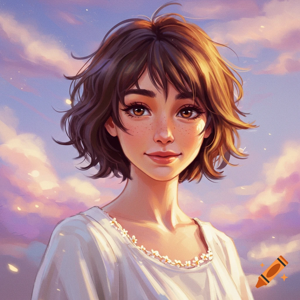 Portrait of a young woman with short brown hair against a cloudy sky.