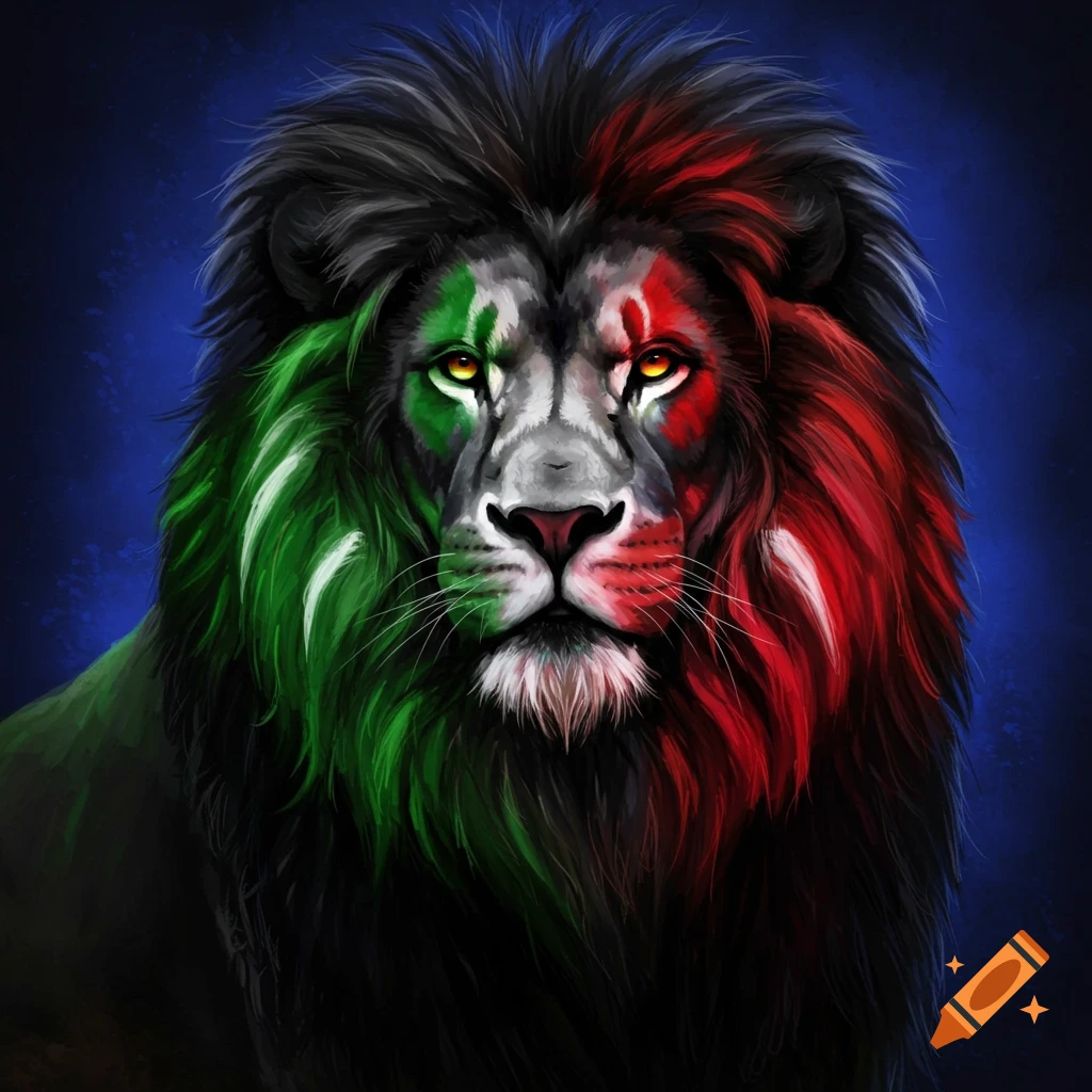 Close-up of a lion's face with the Italian flag colors painted on it.