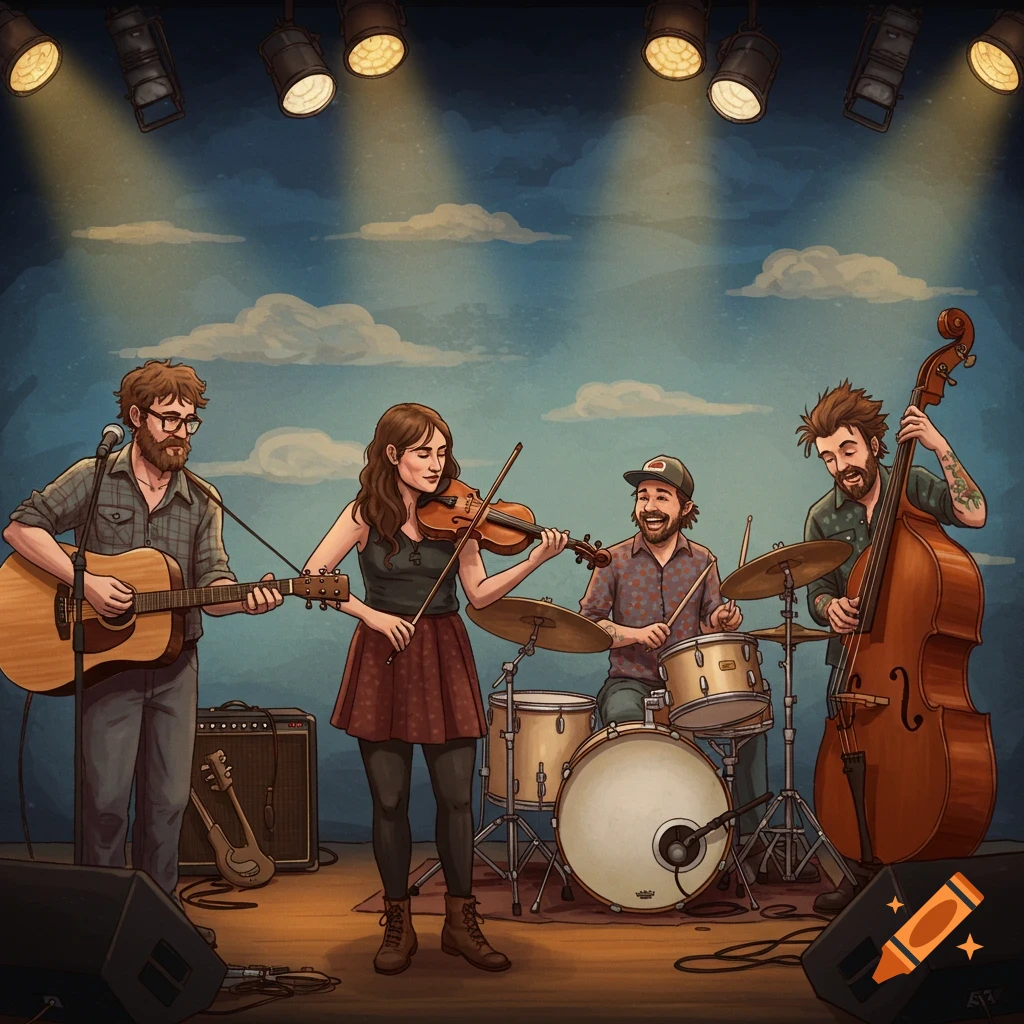 A four-person band plays on stage: guitarist, violinist, drummer, and upright bassist.