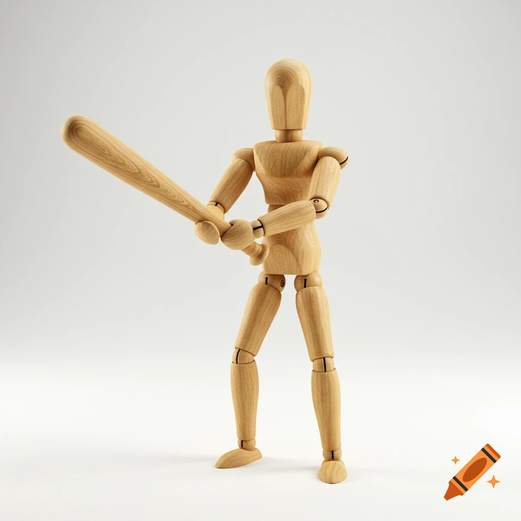 A wooden mannequin holding a baseball bat.