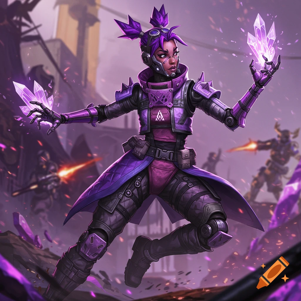 A woman with purple hair and armor is holding glowing crystals in a sci-fi battle.