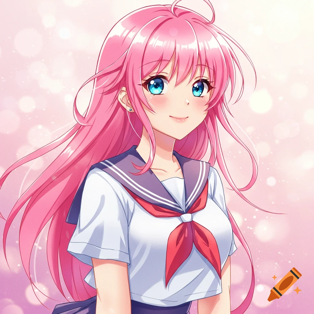 Anime girl with pink hair and blue eyes in school uniform