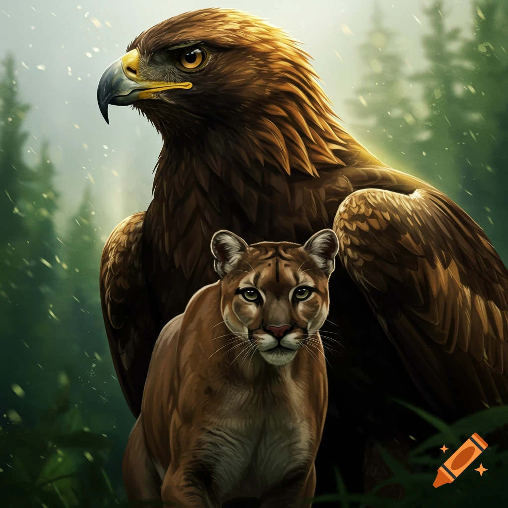 A golden eagle stands behind a cougar in a forest.