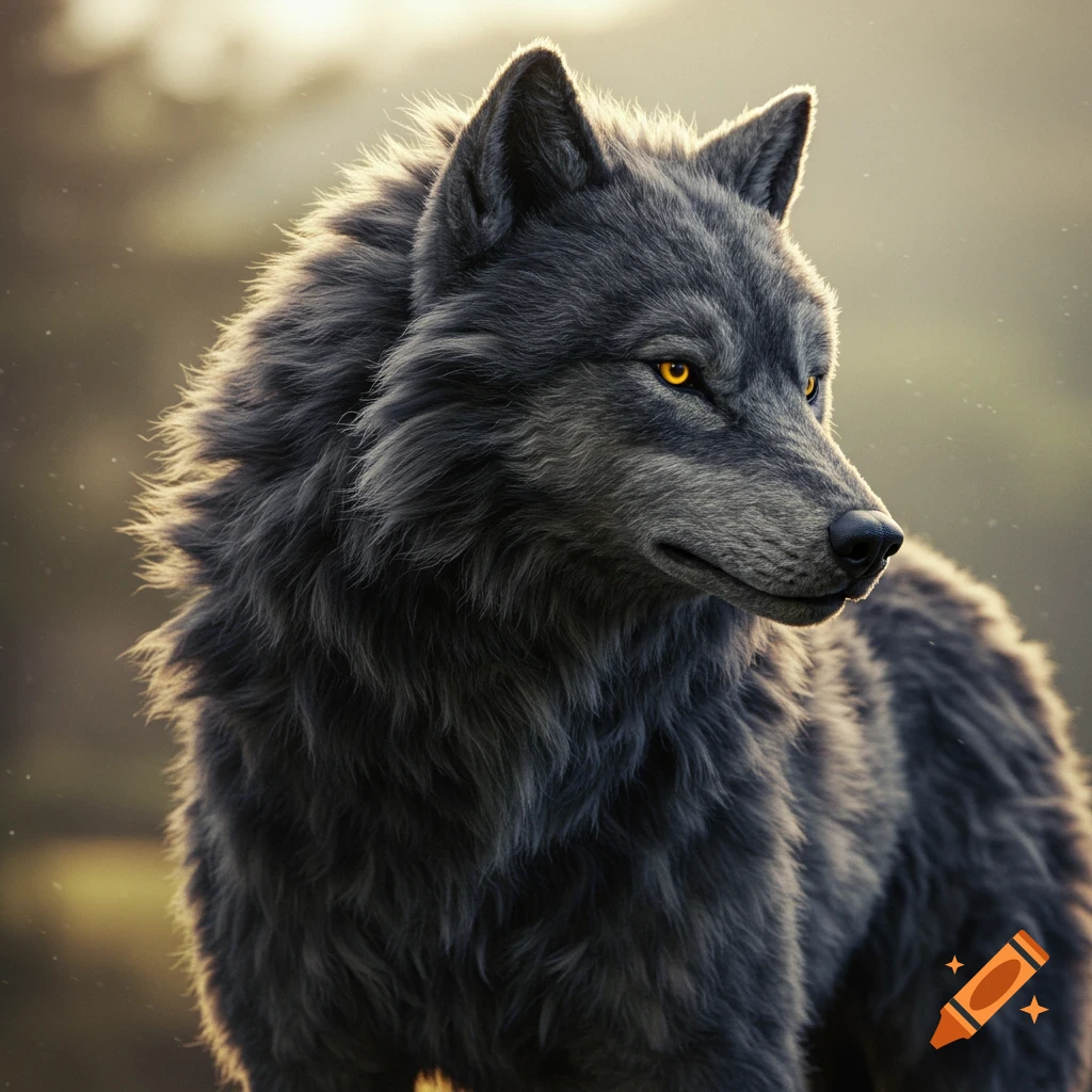 Close-up portrait of a dark grey wolf with glowing orange eyes looking right, sunlit fur in an outdoor setting.