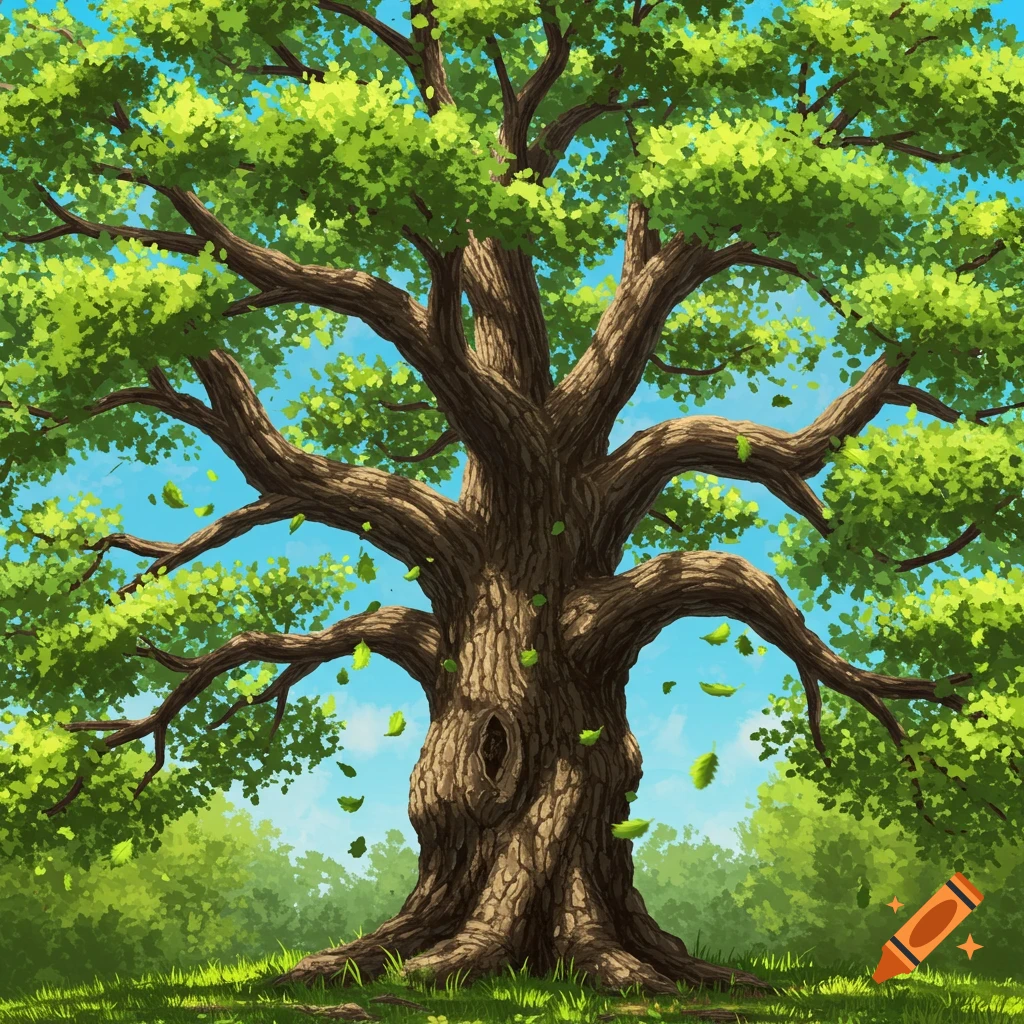 A detailed depiction of a large, ancient tree in a forest clearing under a blue sky.
