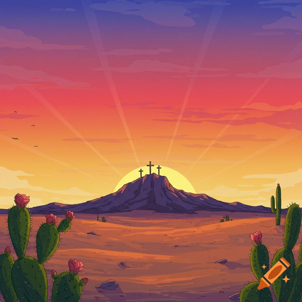 Sunrise over a desert mountain with three crosses on the peak and cactuses in the foreground.