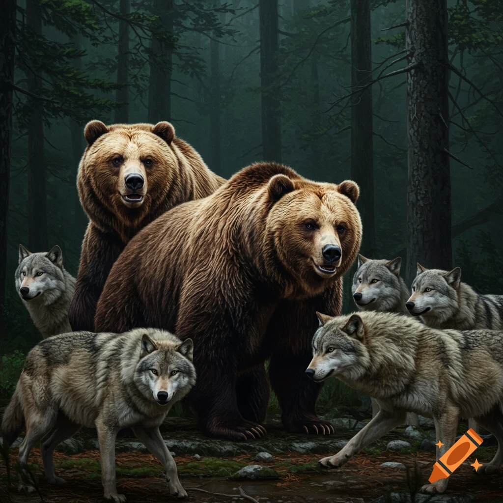 Two brown bears and five gray wolves in a forest.