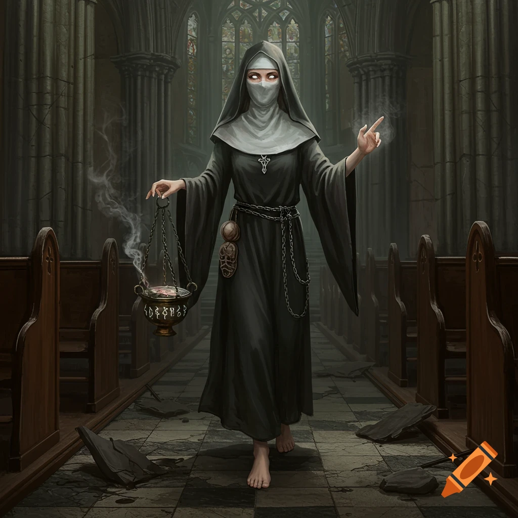 A figure resembling a nun with a veiled face and luminous eyes walks barefoot through a ruined gothic cathedral, holding a smoking censer.
