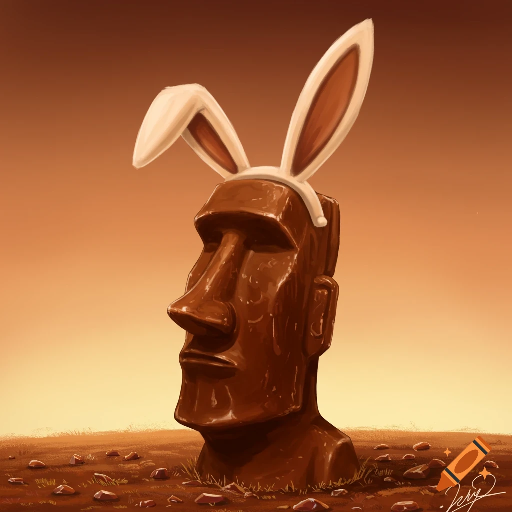 A chocolate Easter Island statue wearing white bunny ears