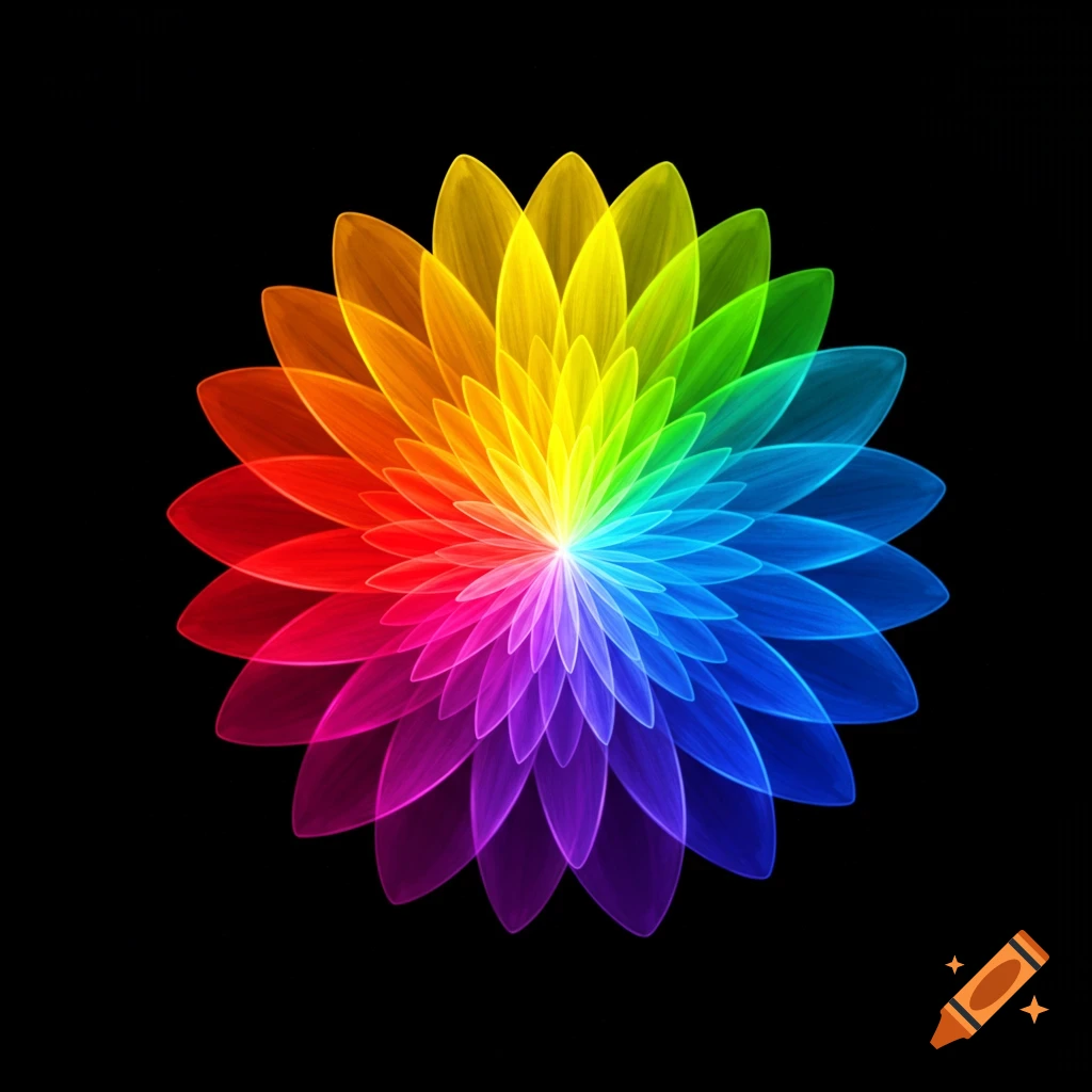 An abstract rainbow flower against a black background.