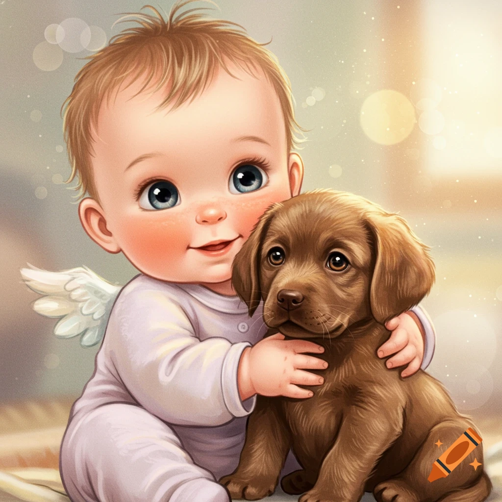 Stylized baby with small wings holding a brown puppy.