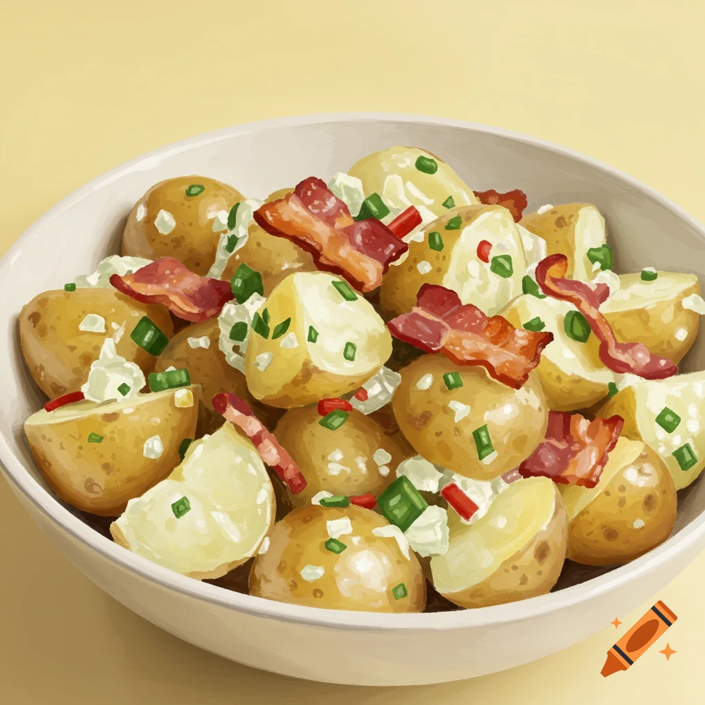 A bowl of potato salad with bacon and chives.