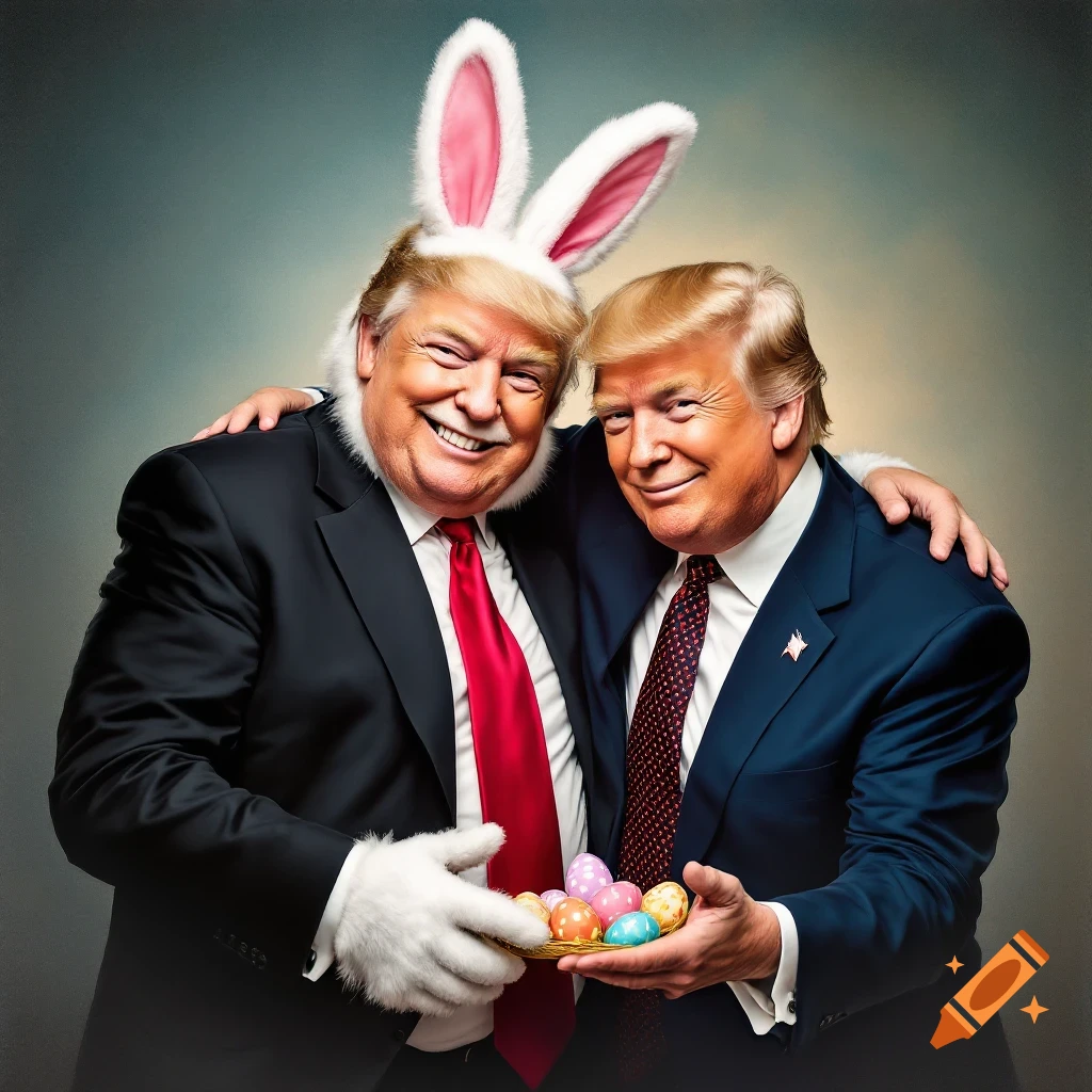 Portrait of two men resembling Donald Trump, one wearing bunny ears and holding a basket of Easter eggs.