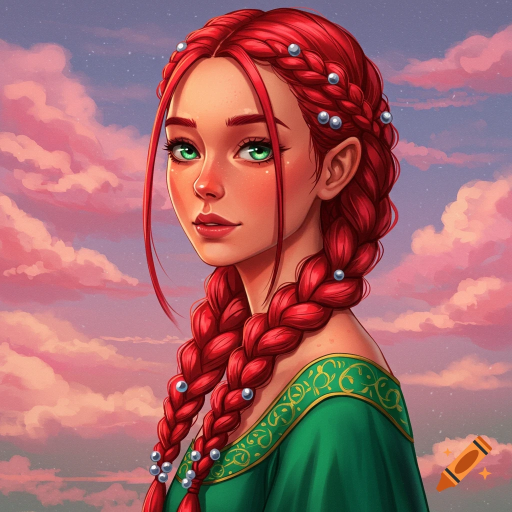 A woman with red braided hair and a green dress stands against a cloudy sky.