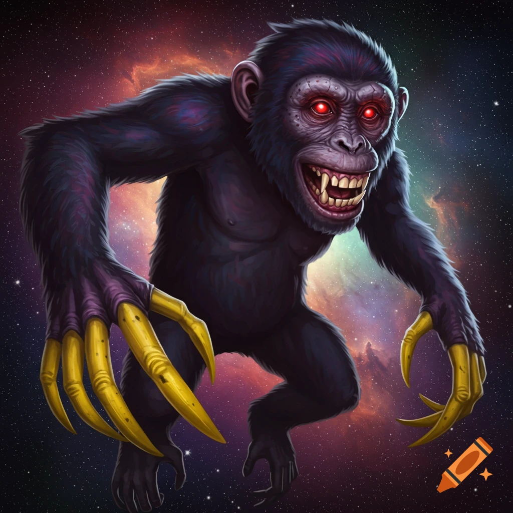 A monstrous ape with glowing red eyes and large yellow claws in front of a space nebula.