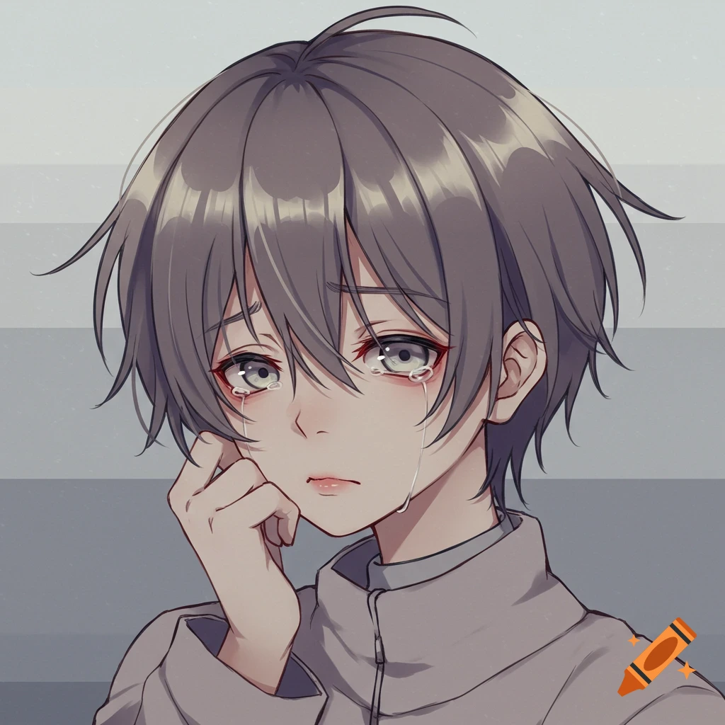 Anime illustration of a young boy with gray hair crying and touching his face.