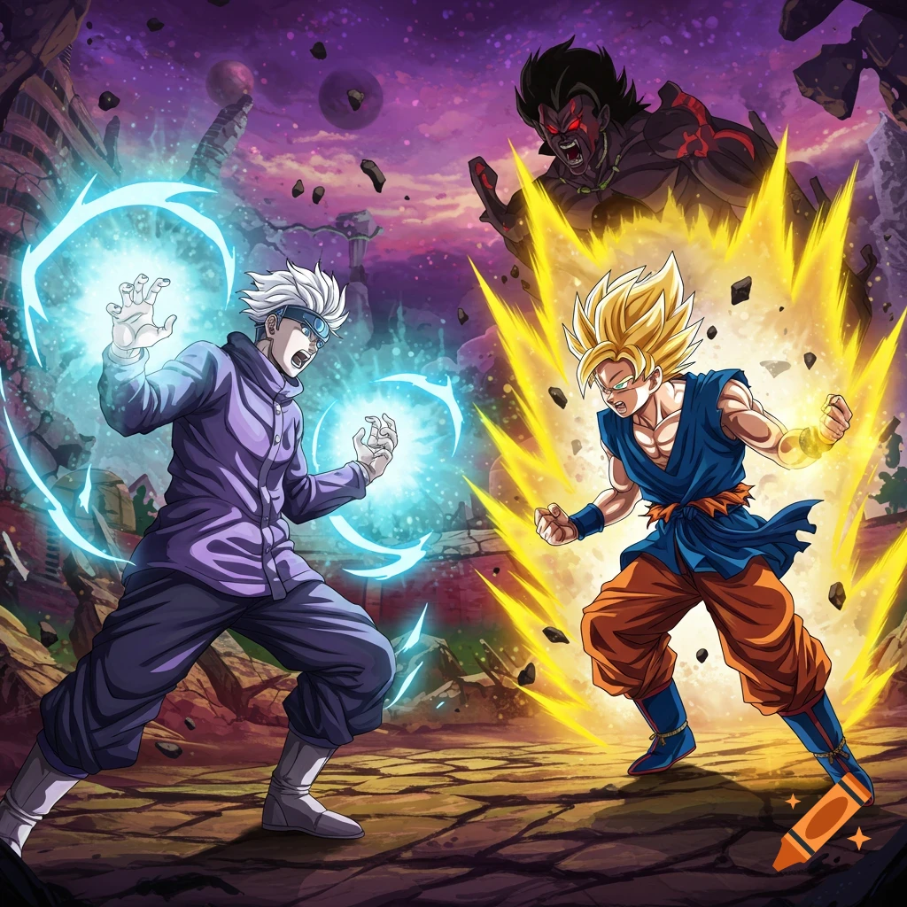 Gojo and Goku fighting in a destroyed landscape with another character behind them.