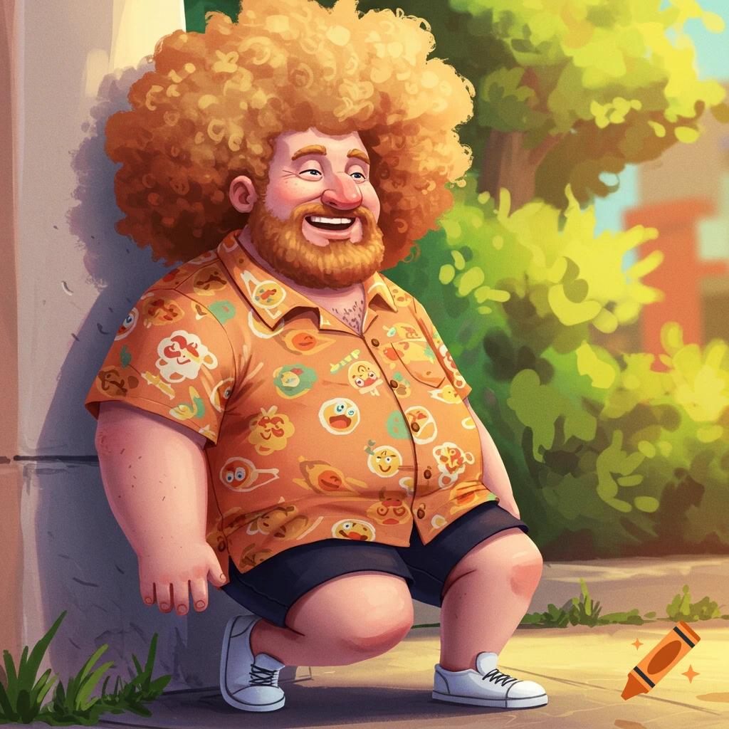A man with a large afro and beard, wearing a bright patterned shirt, is crouching outdoors.