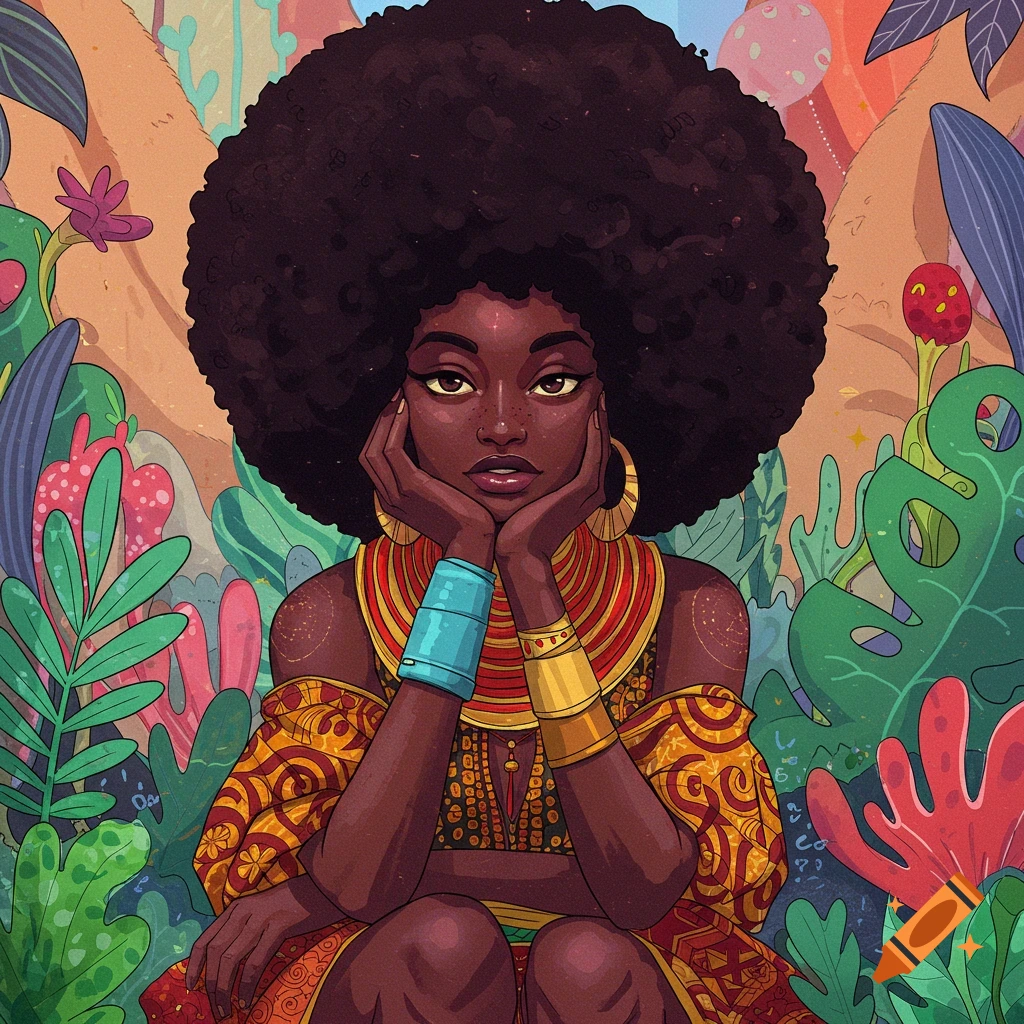 A stylized digital illustration of a woman with a large afro and traditional clothing, sitting among colorful plants.