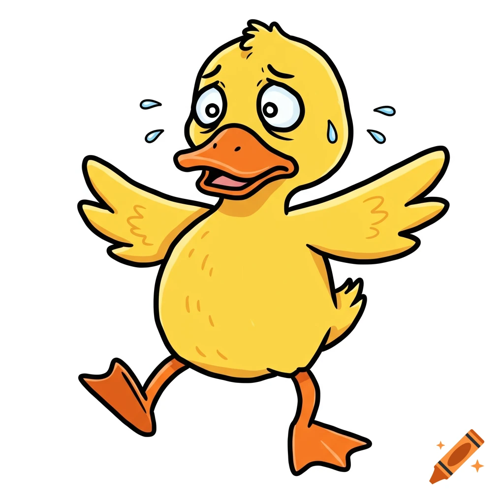 A cartoon yellow duck looks anxious with sweat drops and wide eyes.