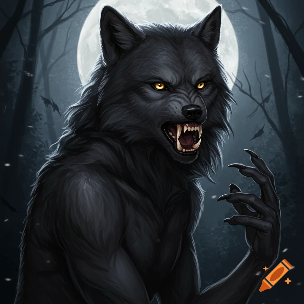 A black werewolf with glowing eyes stands under a full moon in a dark forest.