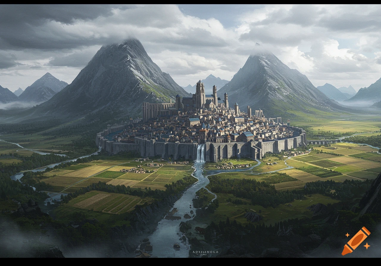 A fantasy city nestled in a mountain valley with farms and a river.