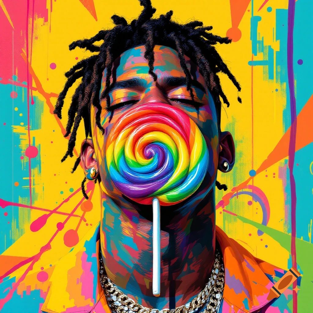 A colorful abstract image of a man with dreadlocks holding a large rainbow lollipop in front of his face, in a vibrant, splatter-paint style.