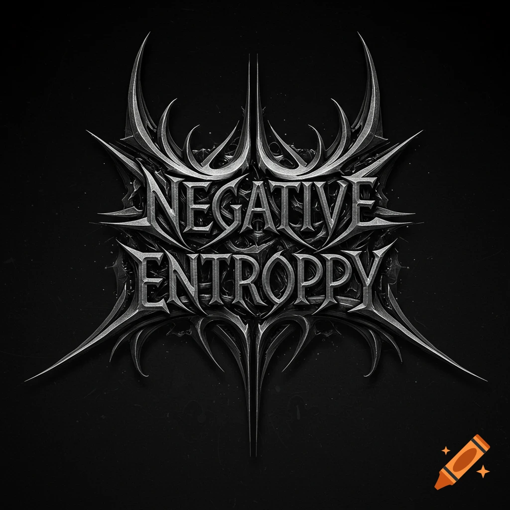 Grayscale metallic logo for Negative Entropy in a metal band style.