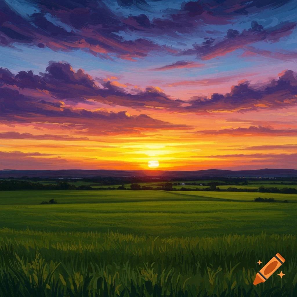 A vibrant sunset over a green field with dramatic clouds.