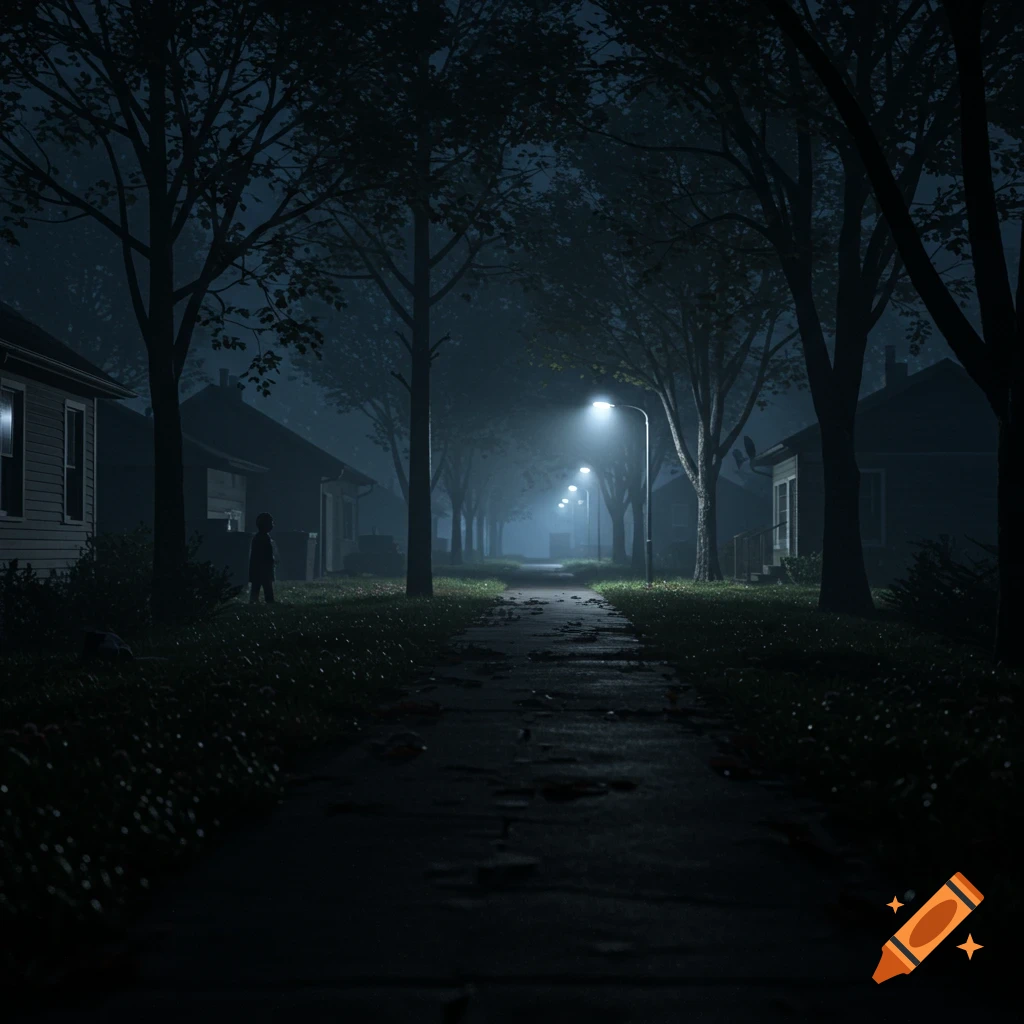 Eerie photorealistic image of a misty suburban street at night with a figure near a house and streetlamps.