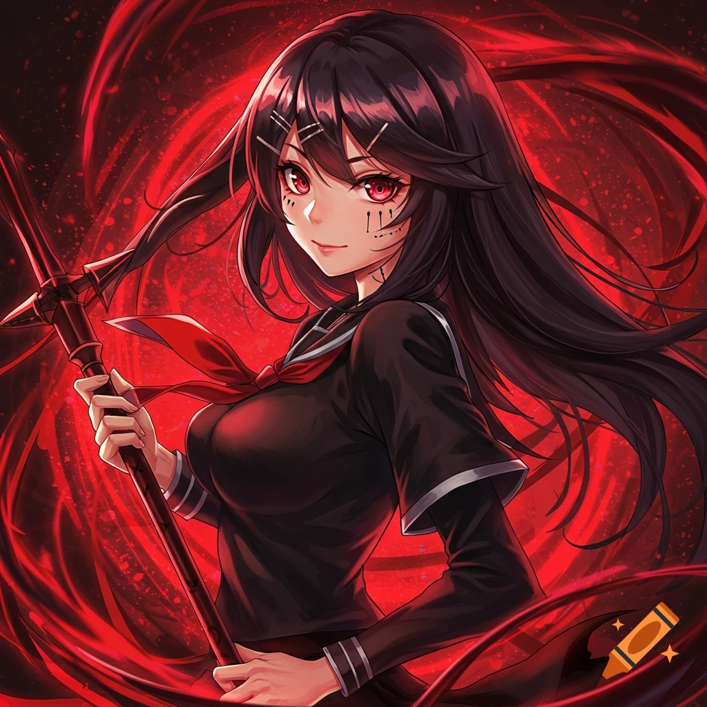 Anime girl with black hair, red eyes, and facial markings in a black uniform holds a spear against a red background.