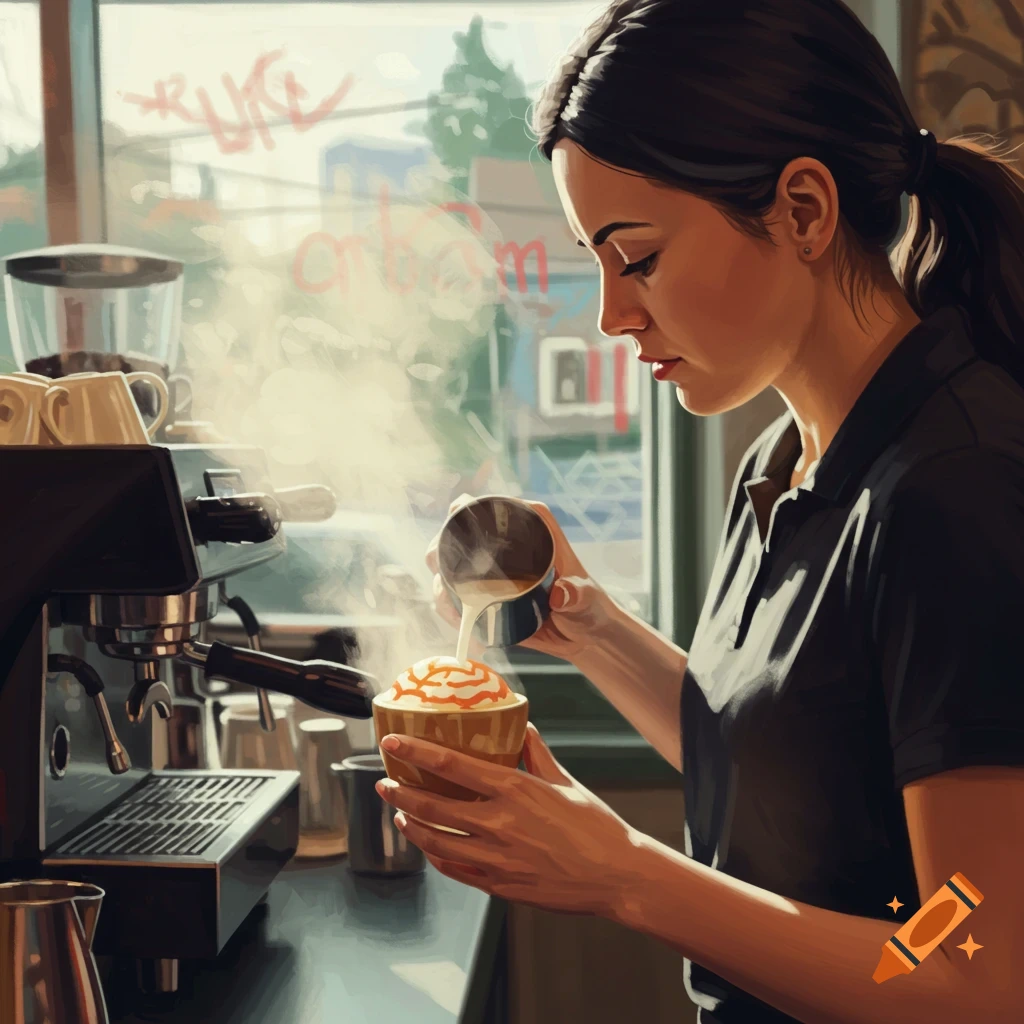 Image of a barista pouring latte art in a coffee shop.