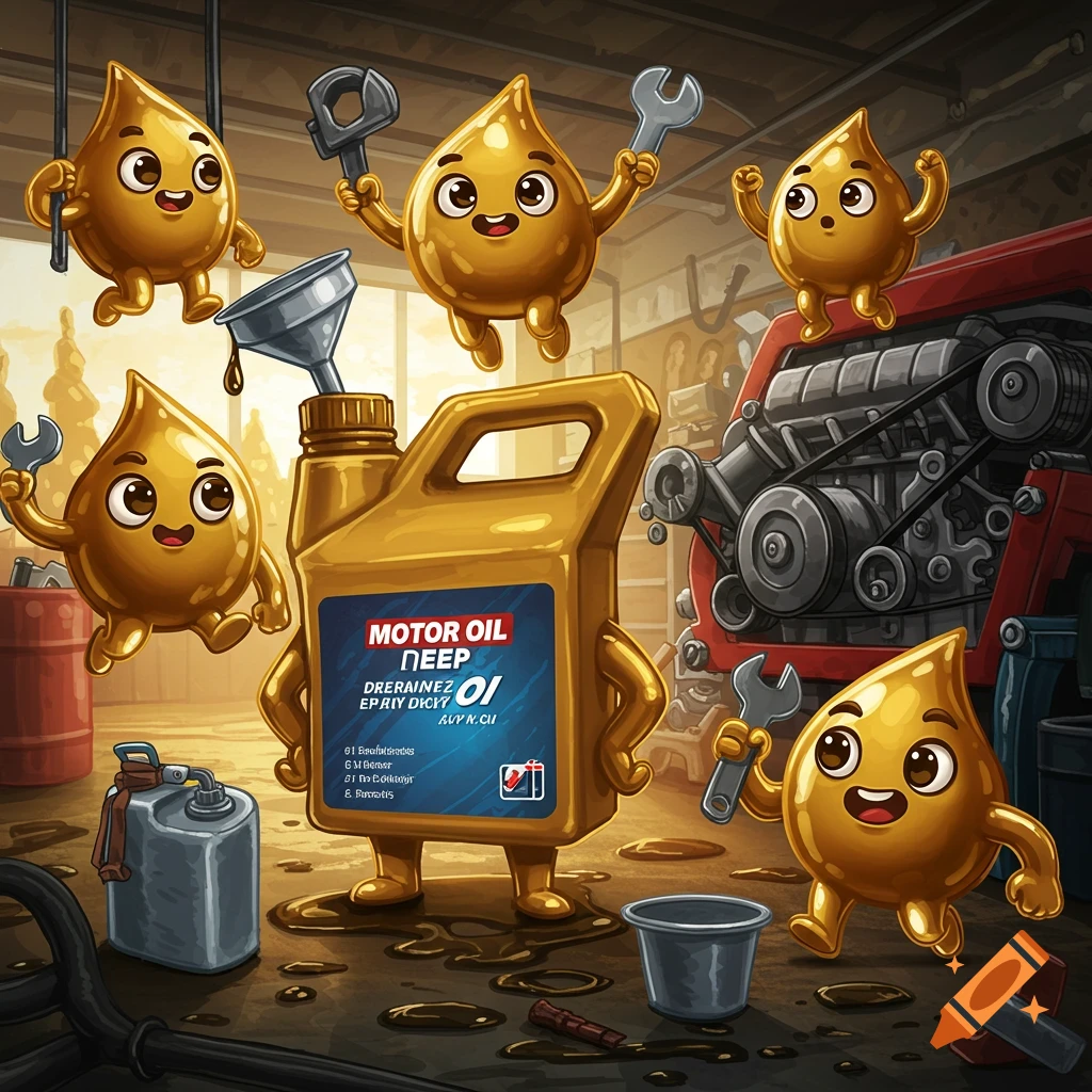 Cartoon oil droplets and a motor oil jug character with tools in a garage.