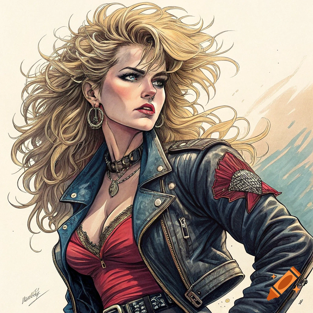 Illustration of a blonde woman in a leather jacket and red top, styled like an 80s rock portrait.