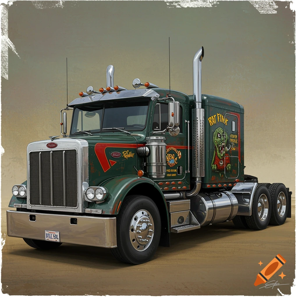 A green Peterbilt truck with Rat Fink graphics, custom pinstriping, and a vintage, worn look.