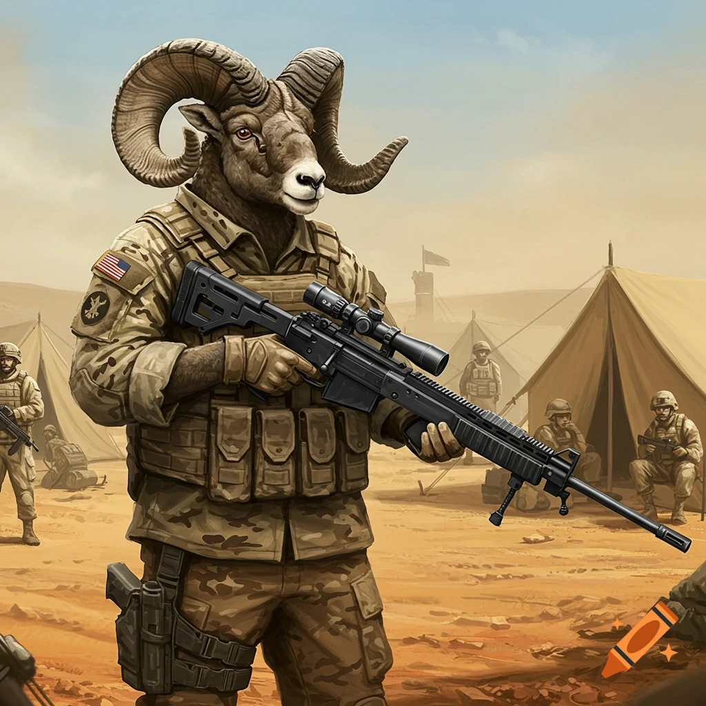 A ram in military uniform holds a sniper rifle in a desert camp with tents.