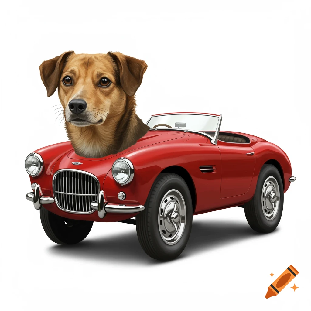 A dog emerges from a red sports car