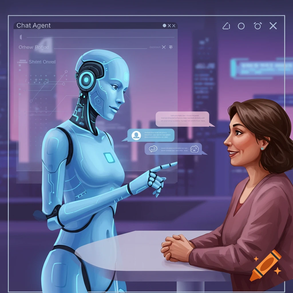 A blue AI robot interacting with a human customer via a chat interface.