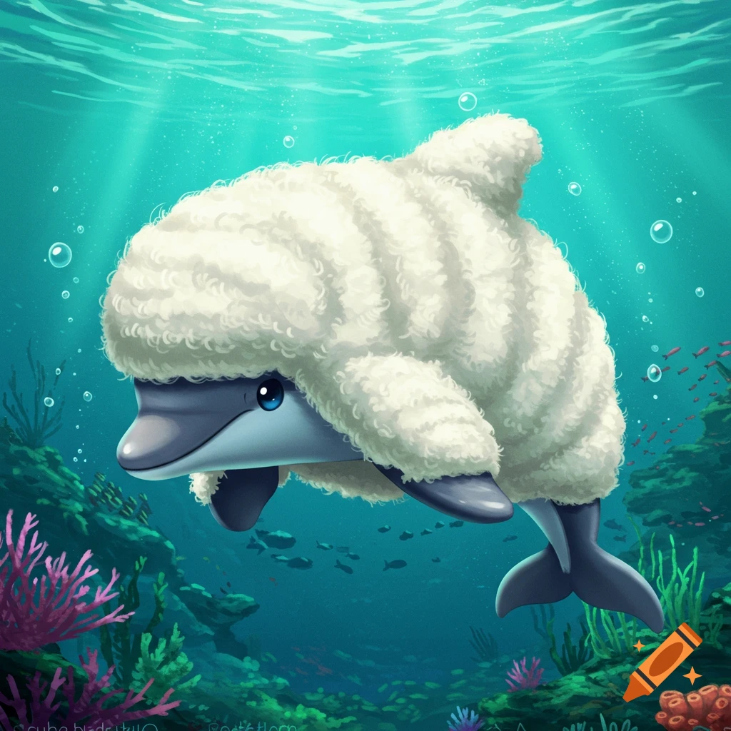 A cartoony illustration of a dolphin with fluffy white wool swimming underwater near coral reefs.