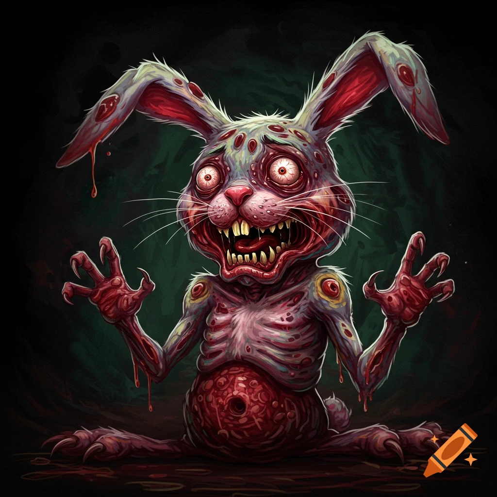A grotesque, bloody zombie rabbit with exposed organs.