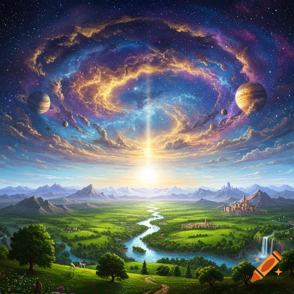 A lush valley with a river flows under a cosmic sky with planets and sunbeam.