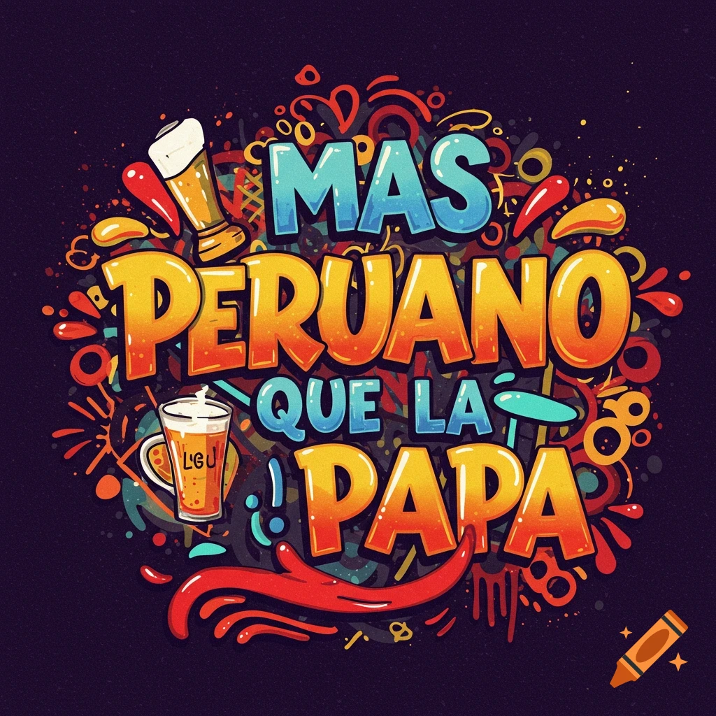 Colorful typography illustration reading 'MAS PERUANO QUE LA PAPA' with drinks and abstract shapes.