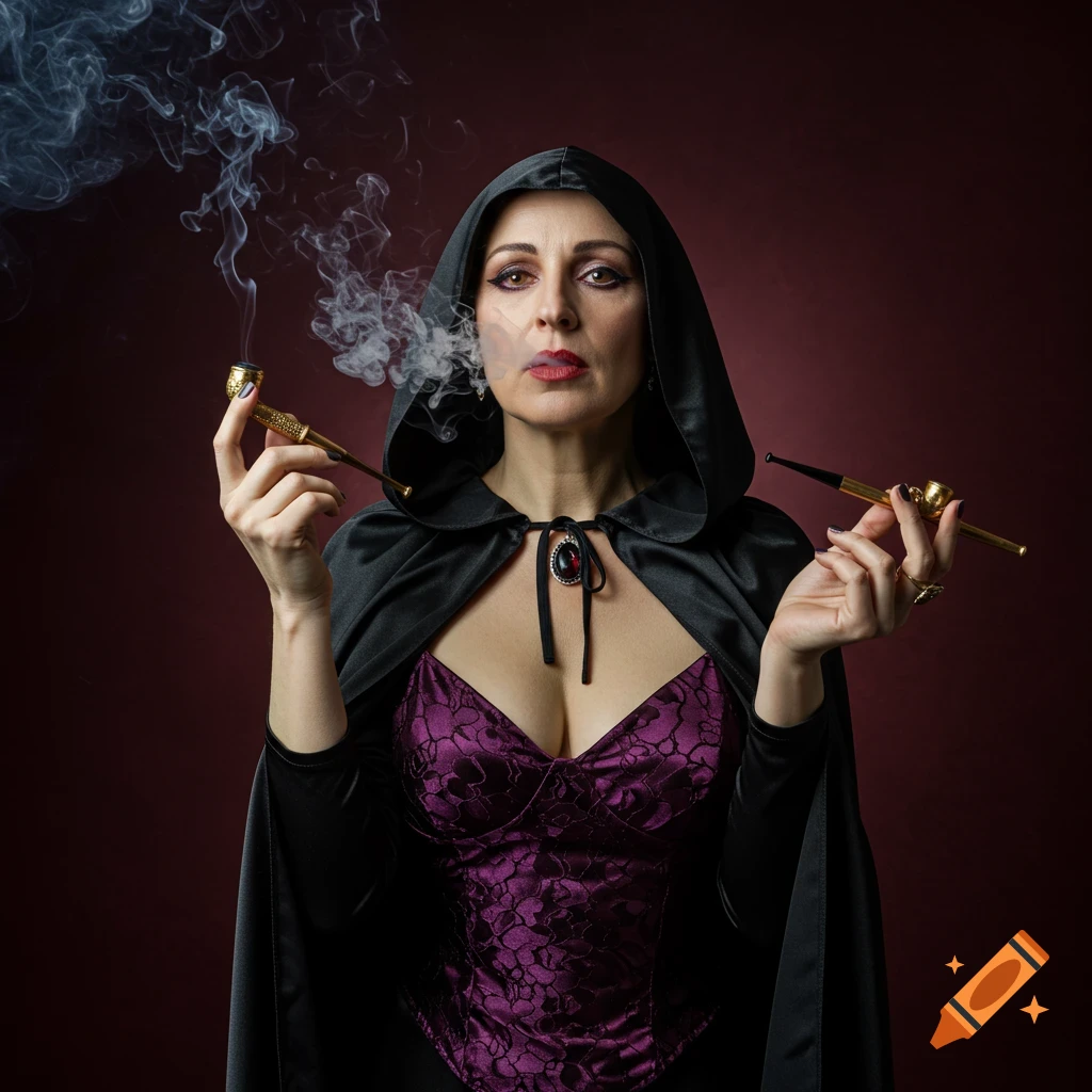 Portrait of a woman in a hooded cape and purple top holding smoking pipes